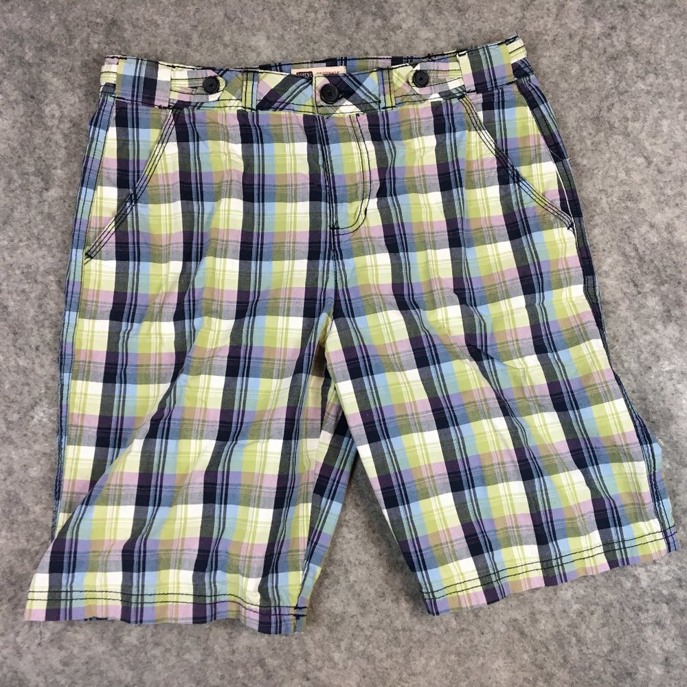 Faded Glory Shorts 4 27 Mid Rise Bermuda Blue Green Madras Plaid Golf Casual